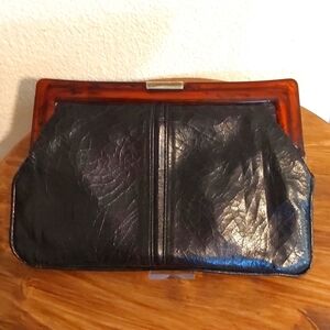 Mary Ann Rosenfeld Vintage Black leather Clutch Tortise Shell trim Gorgeous !